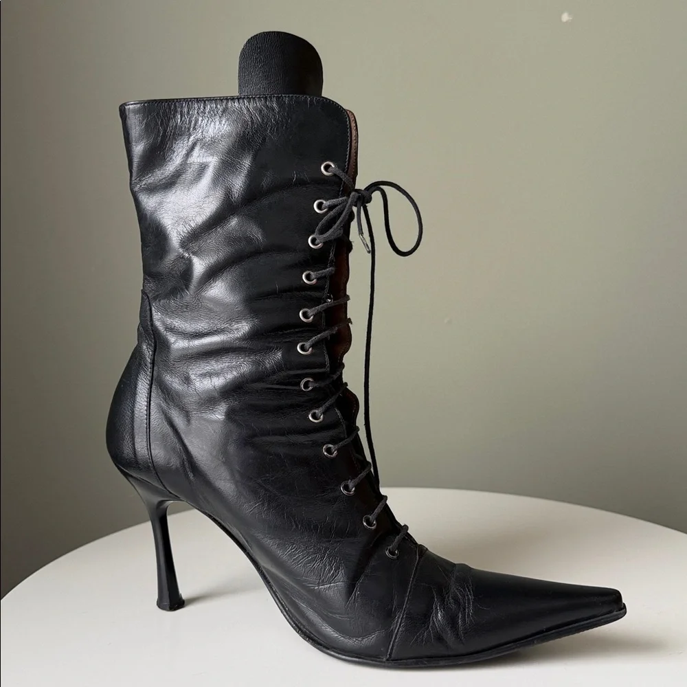 Gia Moretti leather pointed toe stiletto heel grommeted lace-up Boots Italian - Picture 3 of 17